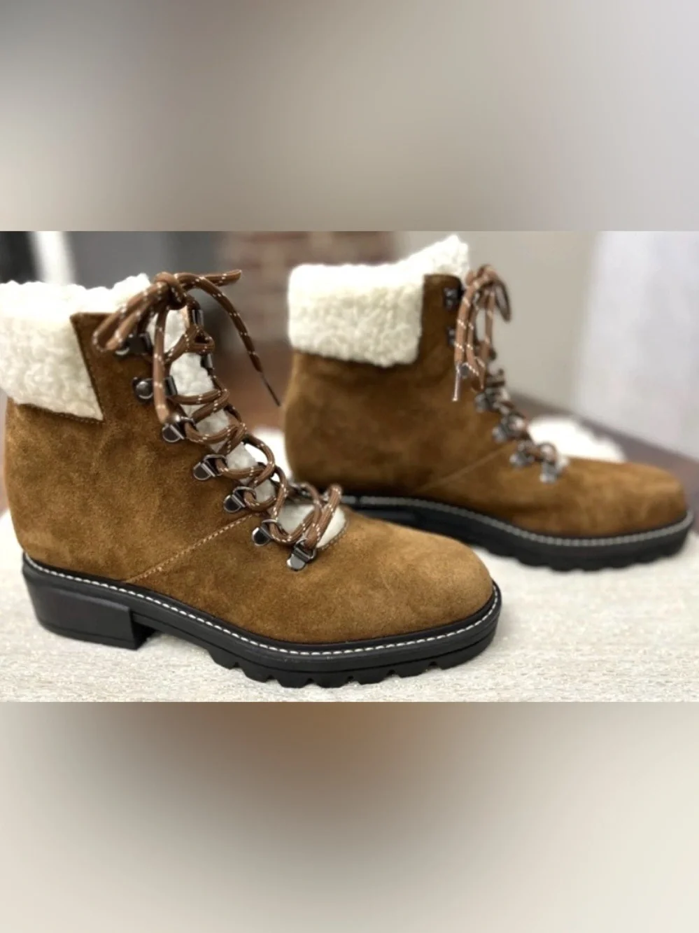 Bernardo Anthropologie Sz 7  Dasher Suede Brazil Hiking Boots Shearling Trim NWT